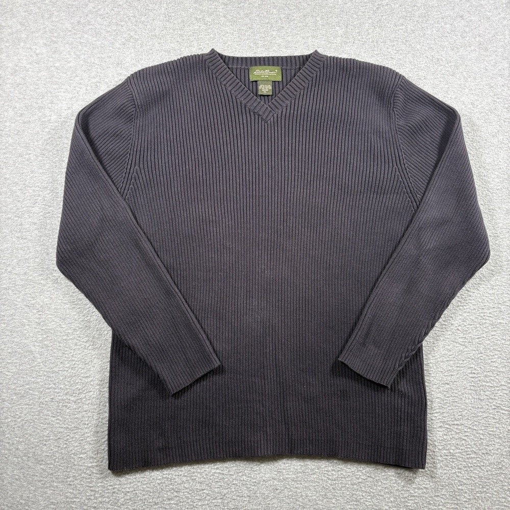 Eddie Bauer Mens XL Sweater V-Neck Ribbed Knit 100% Cotton Charcoal Y2K